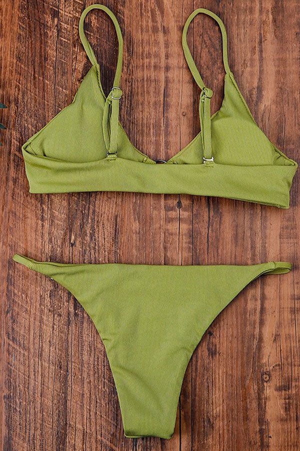 Green Solid Color Spegatti Strap Ruching Bikini Set