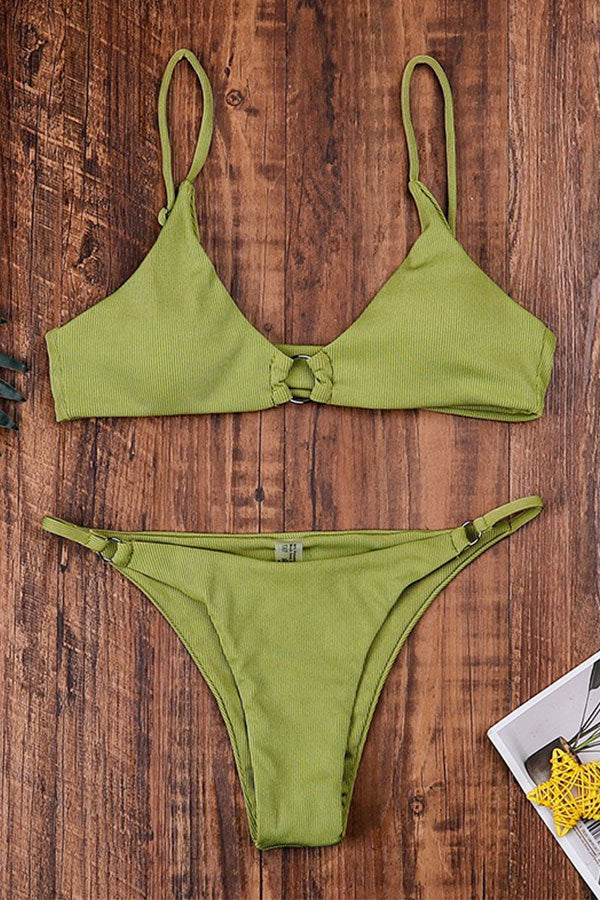 Green Solid Color Spegatti Strap Ruching Bikini Set