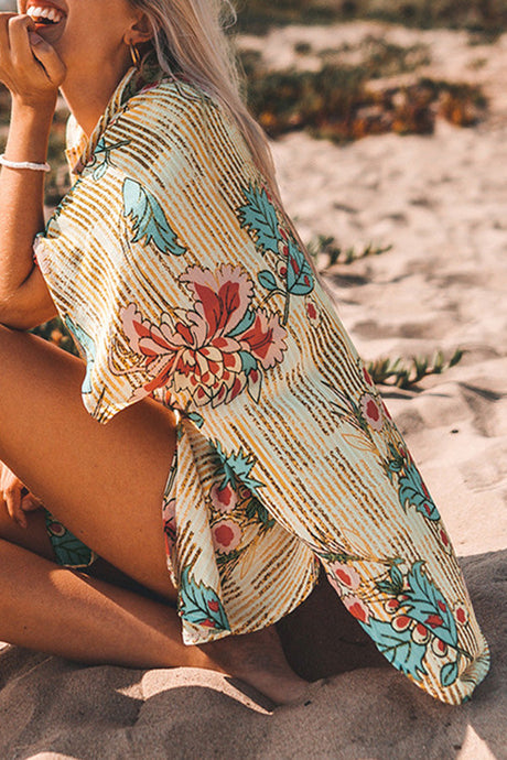 Floral Print Feminine Shirt Collar Beachwear