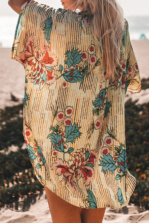 Natural Print Feminine Shirt Collar Beachwear
