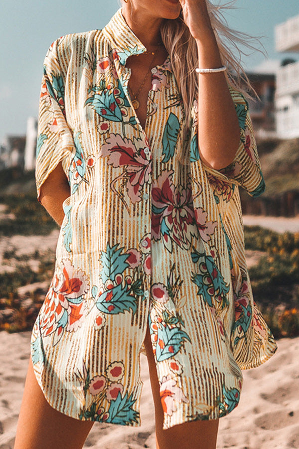 Natural Print Feminine Shirt Collar Beachwear