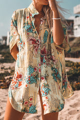 Floral Print Feminine Shirt Collar Beachwear