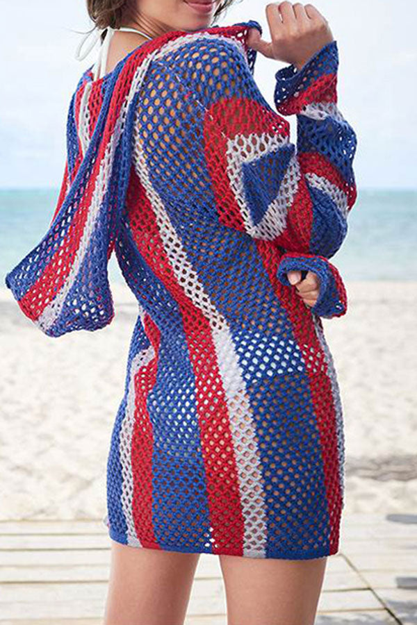 Color Block Hooded Casual Pocket Cutout Crochet Beachwear