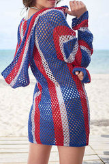 Color Block Hooded Casual Pocket Cutout Crochet Beachwear