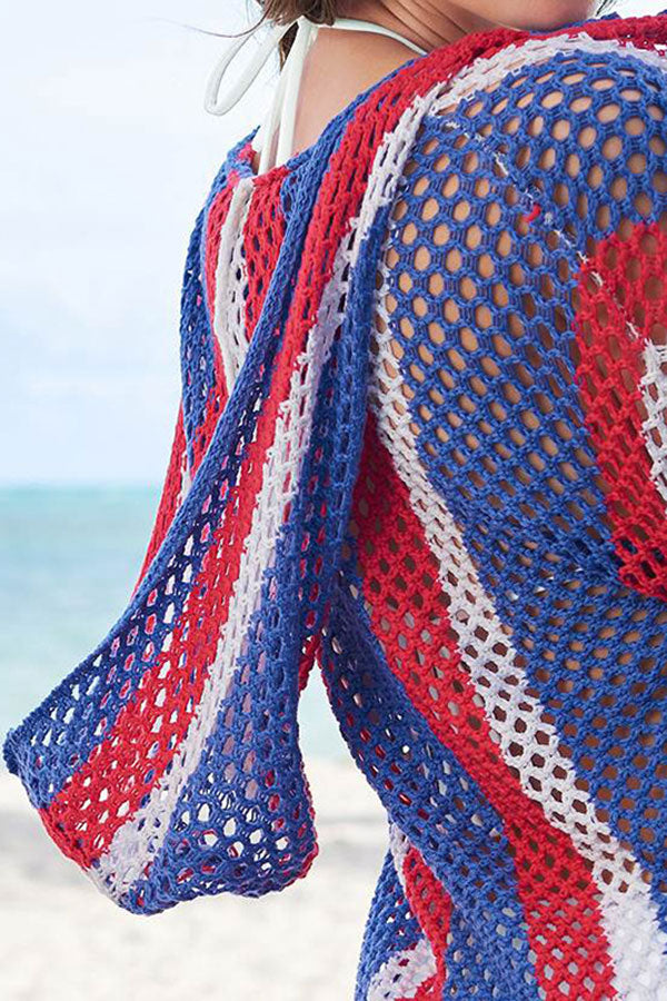 Color Block Hooded Casual Pocket Cutout Crochet Beachwear