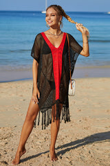 Color Block Hollow-Out Bohemia Tassel Knitted Beachwear