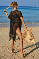 Color Block Hollow-Out Bohemia Tassel Knitted Beachwear