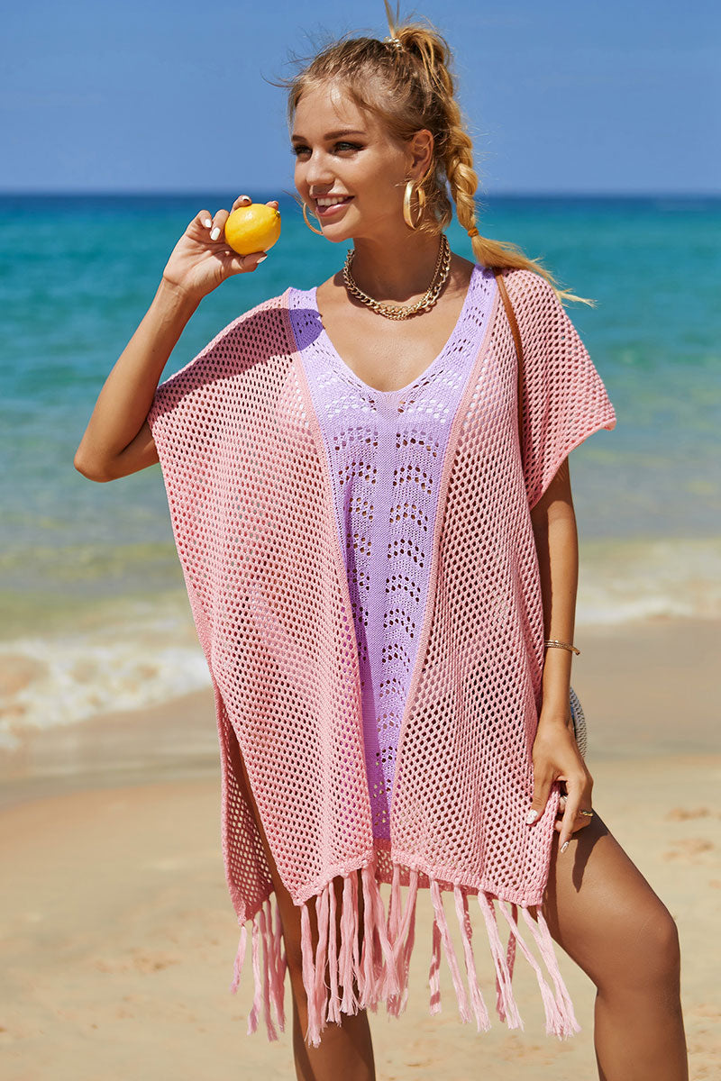 Color Block Hollow-Out Bohemia Tassel Knitted Beachwear