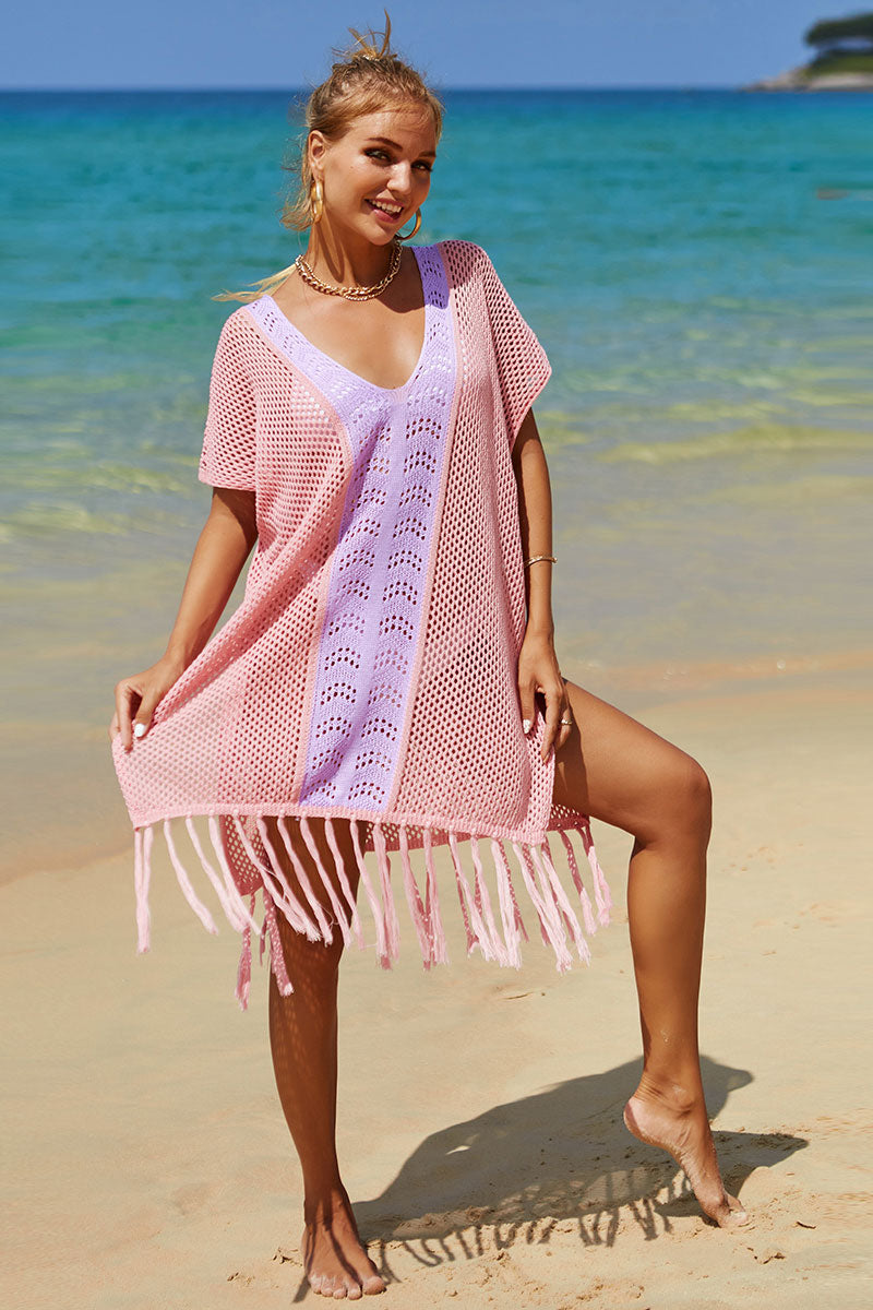 Color Block Hollow-Out Bohemia Tassel Knitted Beachwear