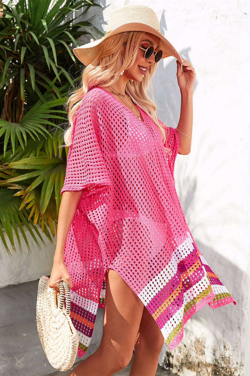 Striped Crochet Hollow-Out Side Split Beachwear