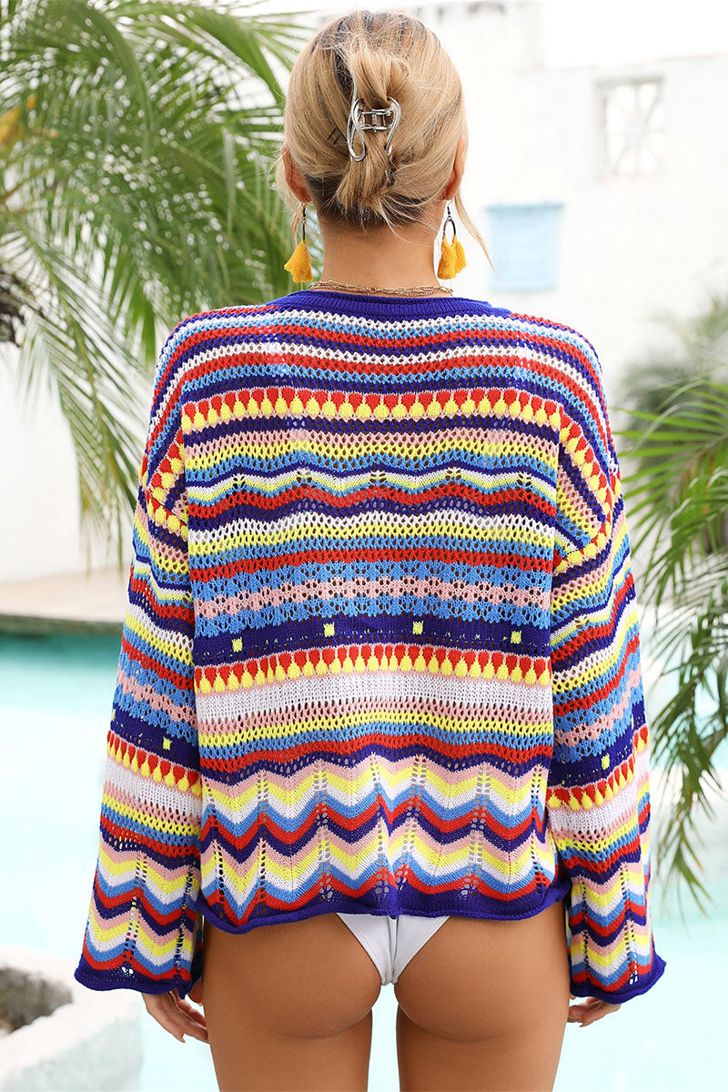 Color Stripe Stylish Hollow-Out Knitted Beachwear