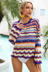 Color Stripe Stylish Hollow-Out Knitted Beachwear