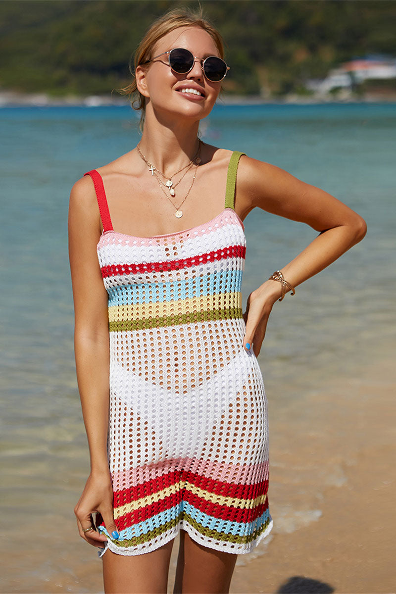 Rainbow Stripe Girly Hollow-Out Beachwear