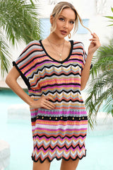 Color Stripe Patchwork Hollow-Out Beachwear