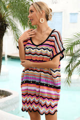 Color Stripe Patchwork Hollow-Out Beachwear