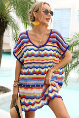 Color Stripe Patchwork Hollow-Out Beachwear