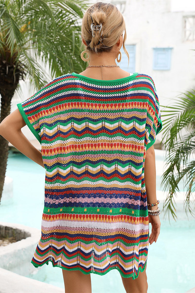 Color Stripe Patchwork Hollow-Out Beachwear