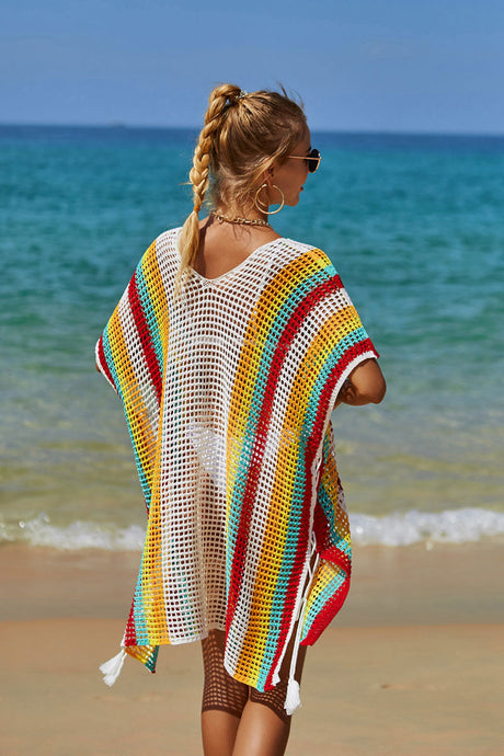 Rainbow Side Split Strappy Hollow-Out Beachwear