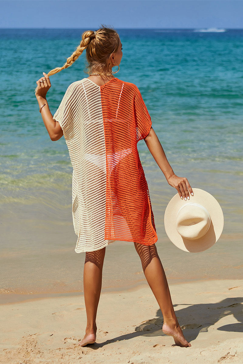 Color Block Relaxed Hollow-Out Side Split Beachwear