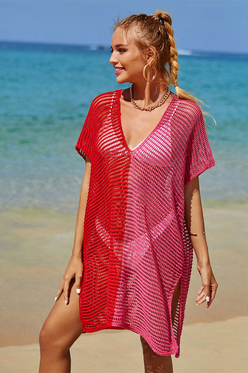 Color Block Relaxed Hollow-Out Side Split Beachwear