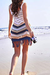 Scoop Neck Crochet Hollow-Out Tassel Beachwear