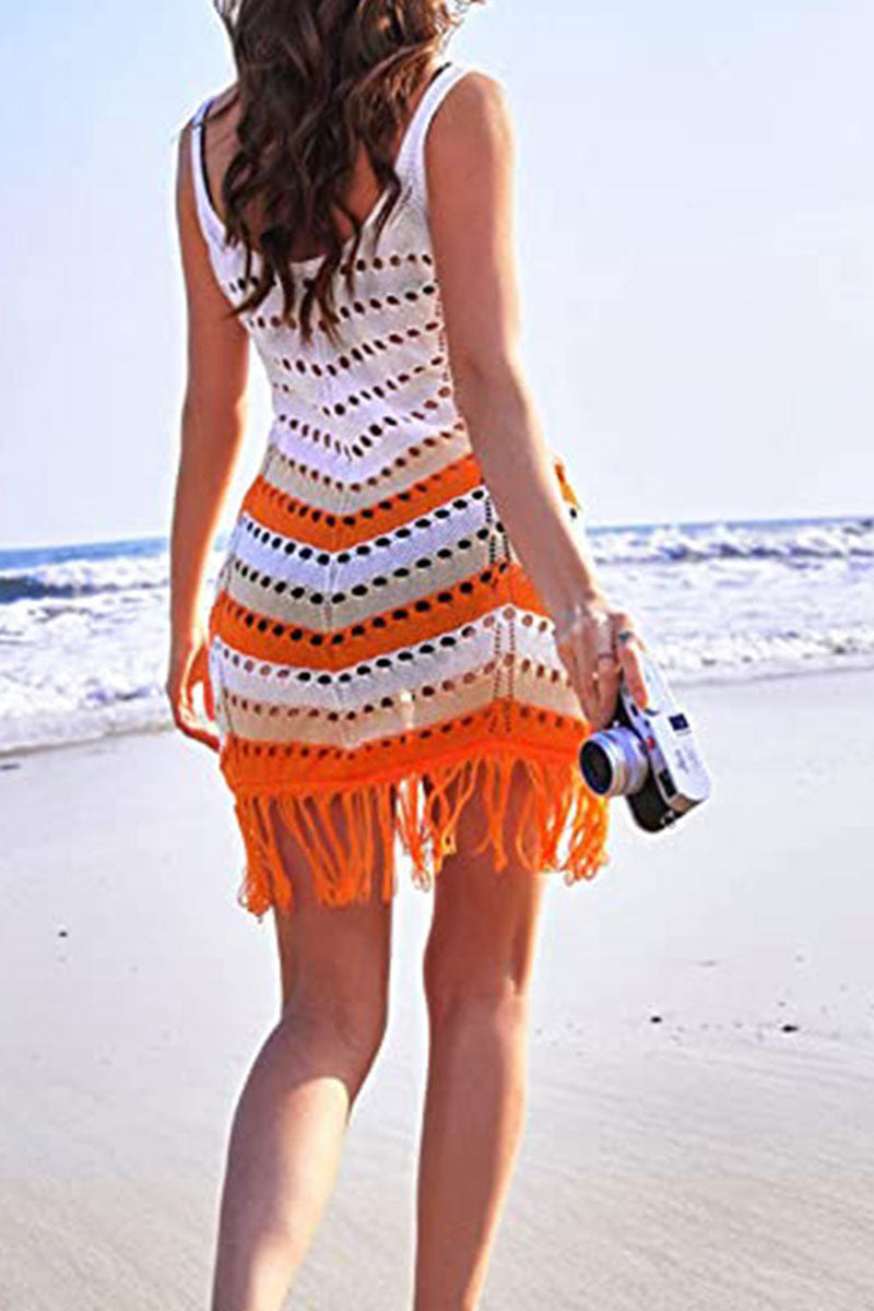 Scoop Neck Crochet Hollow-Out Tassel Beachwear