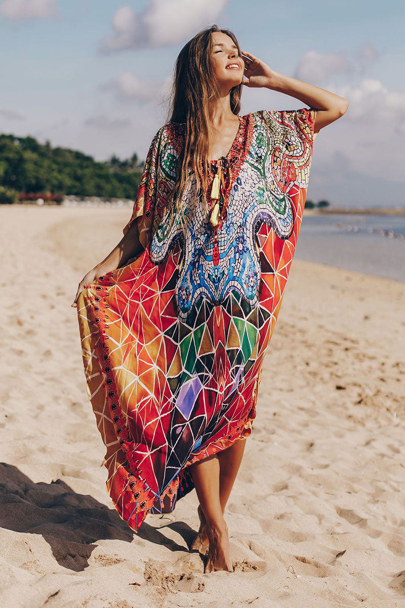 Colorful Marbling Print Lace-Up Irregular Beachwear