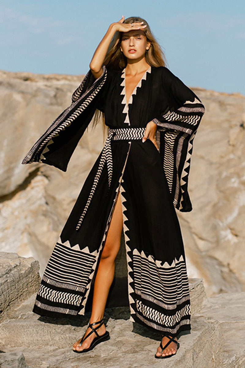 Dramatic Wide Sleeve Belted Beachwear