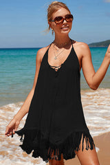 Solid Color Beachy Backless Irregular Tassel Hem Beachwear