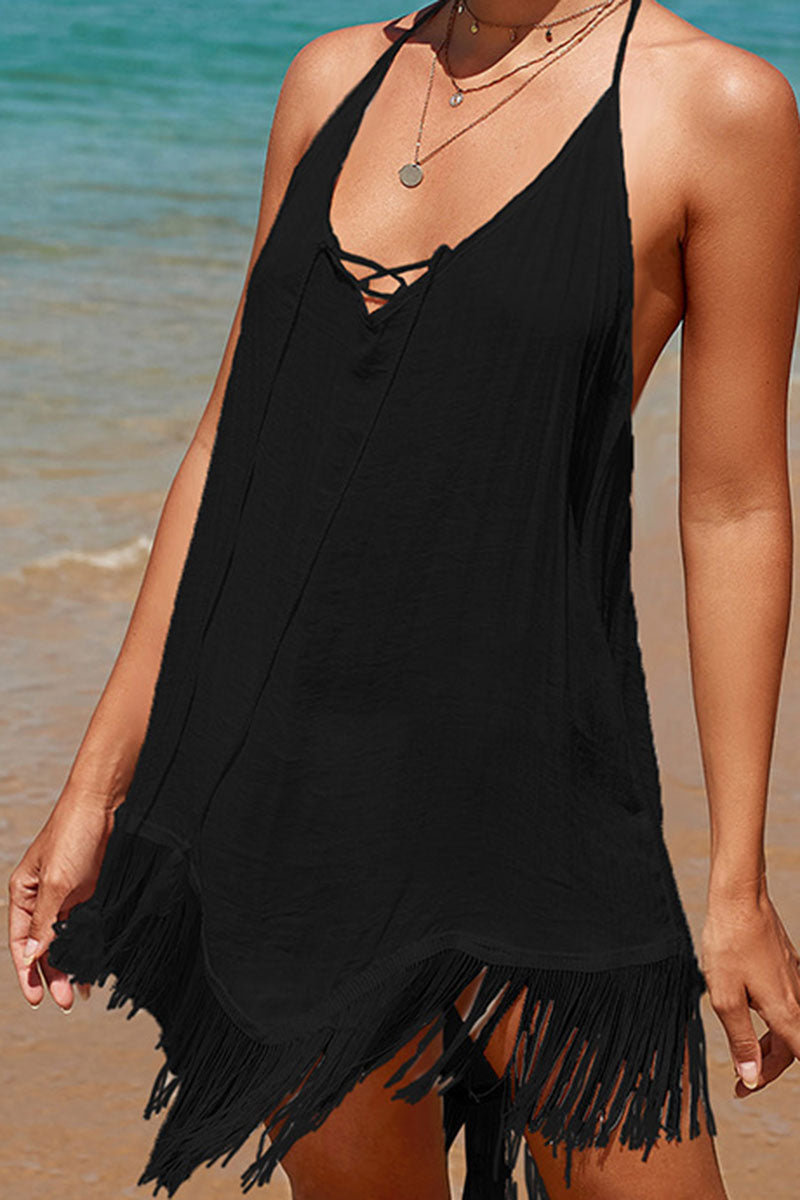 Solid Color Beachy Backless Irregular Tassel Hem Beachwear