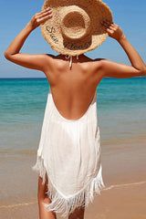 Solid Color Beachy Backless Irregular Tassel Hem Beachwear