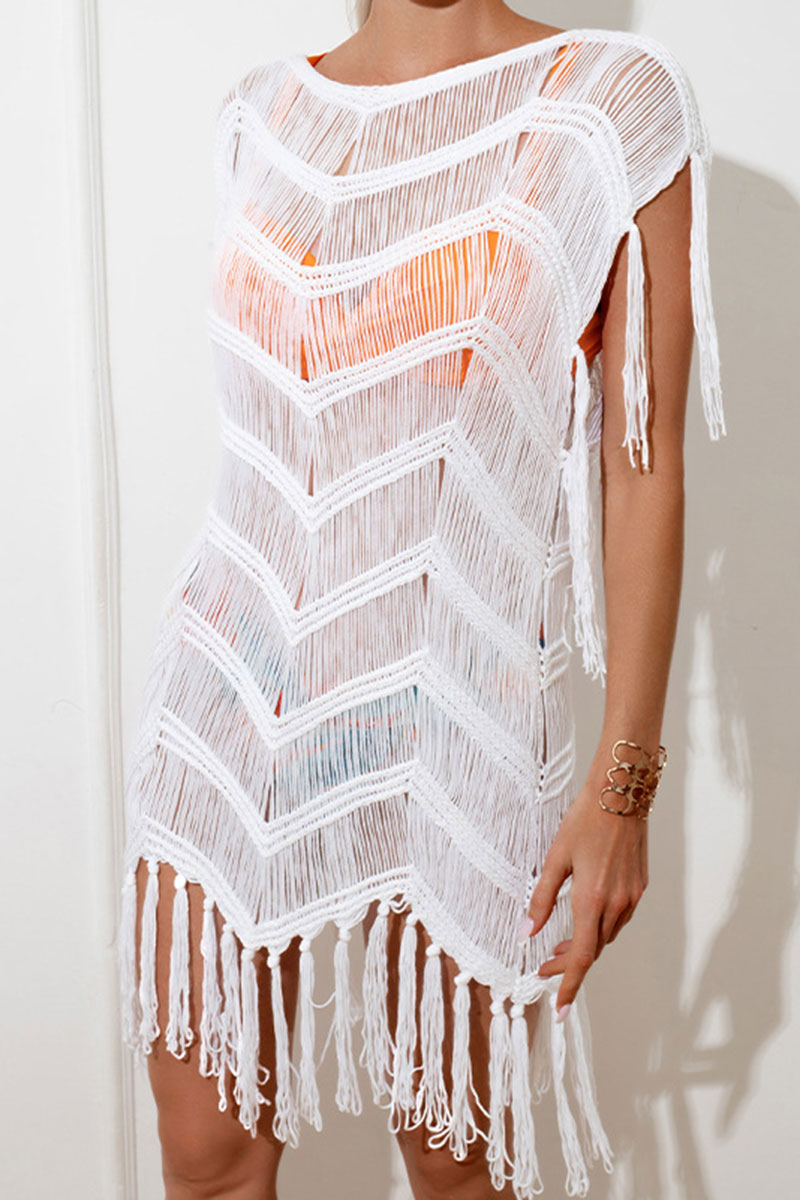 Solid Color On-trend Crochet Tassel Dress Beachwear