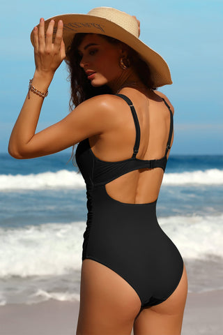 V Neck Ruched Cut Out One-Piece Swimsuit-Charmo
