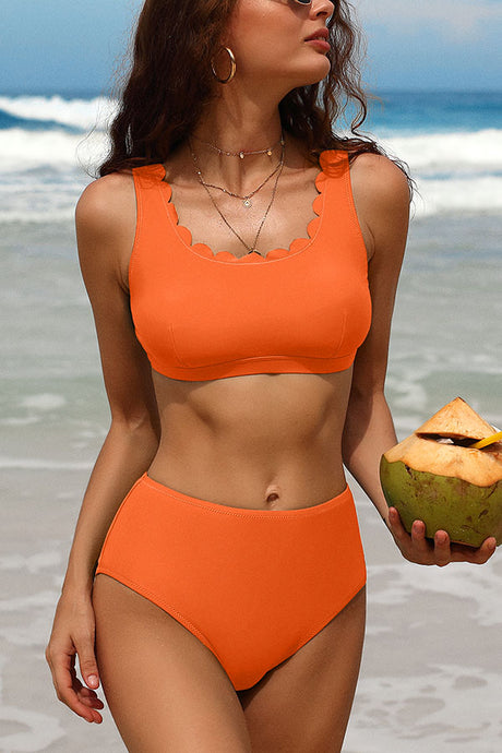 Scalloped U Neck High Waisted Backless Bikini Suits