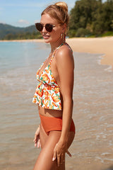 Halter Plunging Tie Back Backless Floral Bikini Suits