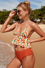 Halter Plunging Tie Back Backless Floral Bikini Suits