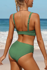 U Neck Wide Straps Ruched Backless Bikini Suits