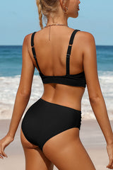 U Neck Wide Straps Ruched Backless Bikini Suits