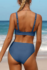 U Neck Wide Straps Ruched Backless Bikini Suits