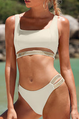 Square Neck Wide Strap Cut Out High Cut Bikini Suits