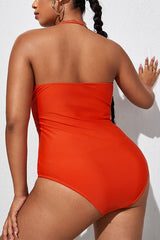 Plus Size Solid Color Ruching Knotted Cut Out One Piece Swimsuit