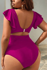 Plus Size Solid Color V Neck Ruffle Ruching Cut Out One Piece Swimsuit