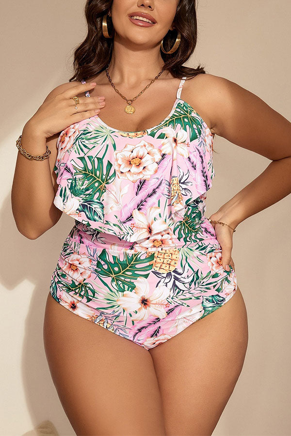 Plus Size Floral Print&Leaves Ruffle Spegatti Strap One Piece Swimsuit