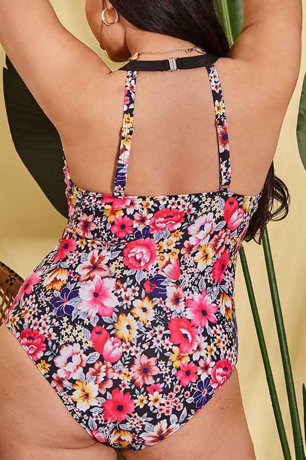 Plus Size Floral Print Mesh Adjustable Shoulder Strap One Piece Swimsuit