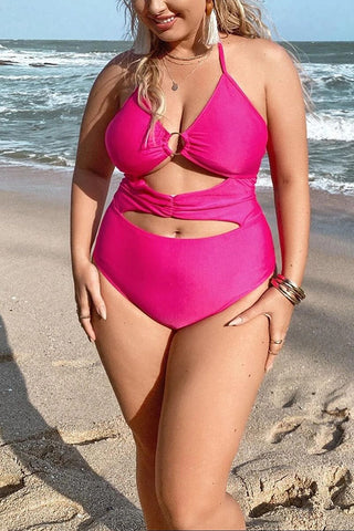Plus Size Halter Solid Color Pink Cut OutOne Piece Swimsuit