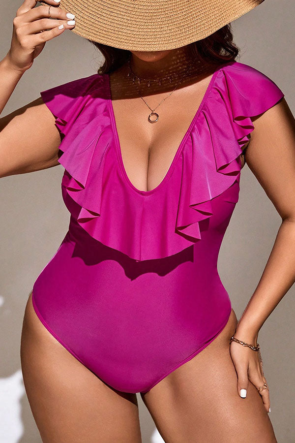 Plus Size Pink Ruffle Spegatti Strap V Neck One Piece Swimsuit