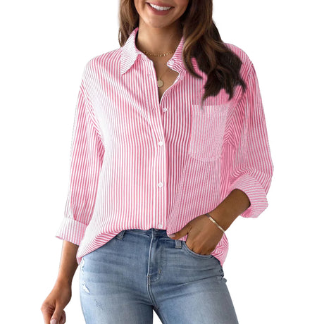 Charmo Striped Button Down Blouses Shirts for Womens Dress Shirts Long Sleeve Collared Blouses Work Business Casual Tops