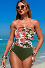 Drawstring Plants Print Strapless Bikini