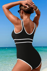 U Neck Wide Straps Modest One Piece Swimsuit