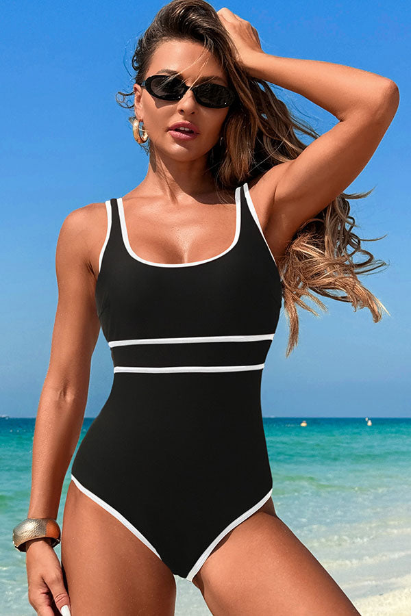 U Neck Wide Straps Modest One Piece Swimsuit